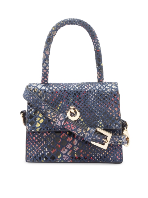 

Holii Blue Embellished Leather Structured Satchel with Cut Work