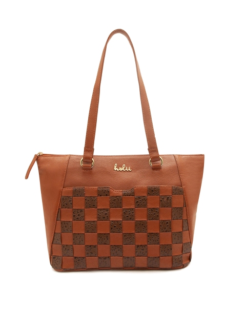 

Holii Tan Leather Structured Shoulder Bag with Cut Work