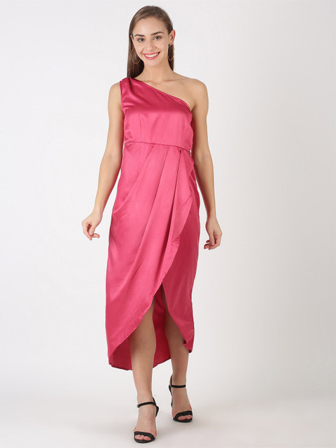 

kriatma Pink Off-Shoulder Satin Maxi Midi Dress