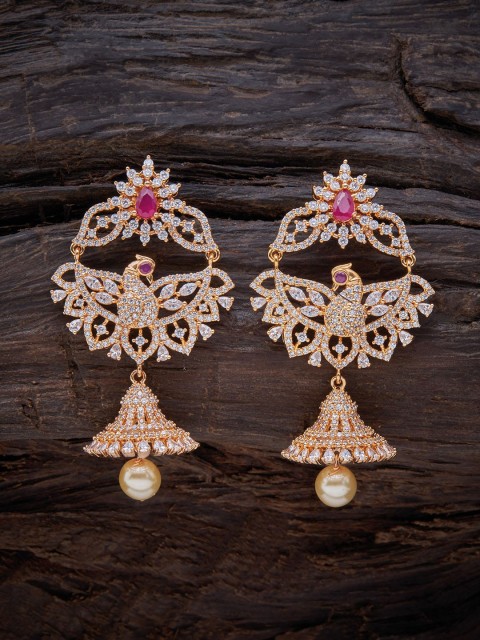 

Kushal's Fashion Jewellery Red Gold Plated CZ Peacock Shaped Drop Earrings
