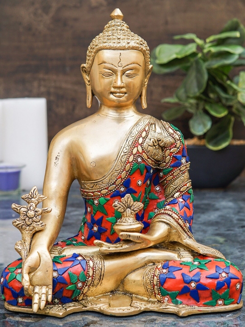 

StatueStudio Gold-Toned & Orange Brass Buddha Statue Showpiece