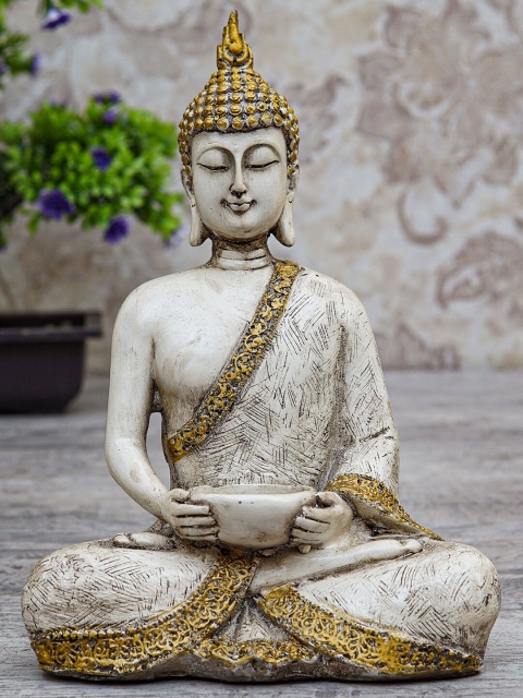 

StatueStudio White & Gold-Toned Textured Buddha Statue With Tealight Holder Showpiece