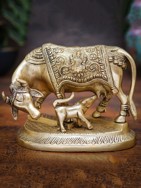 

StatueStudio Gold-Plated Brass Cow With Calf Idol Lakshmi Ji Engraved Showpieces