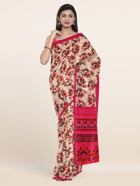 

Pothys Cream-Coloured & Fuchsia Floral Printed Saree