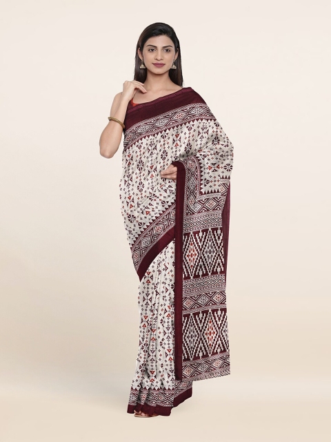 

Pothys Off White & Brown Ethnic Motifs Cotton Blend Saree