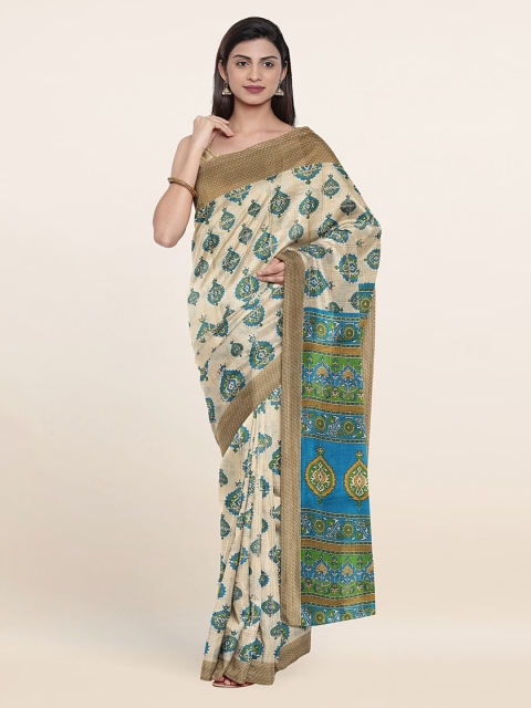 

Pothys Cream-Coloured & Blue Ethnic Motifs Cotton Blend Saree