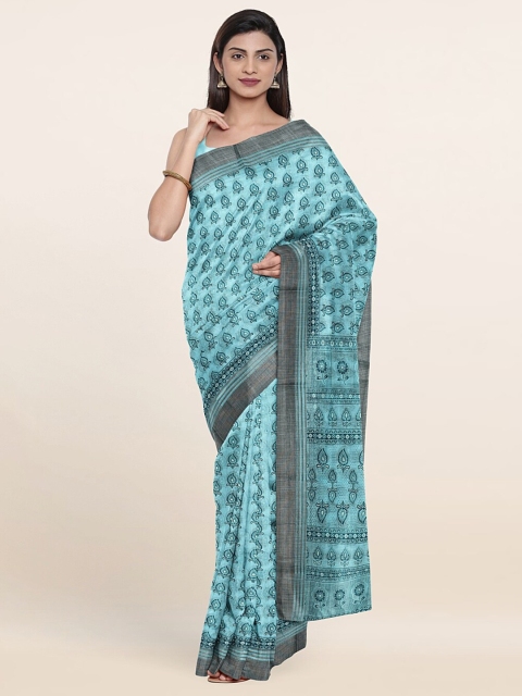 

Pothys Turquoise Blue & Grey Printed Cotton Blend Saree