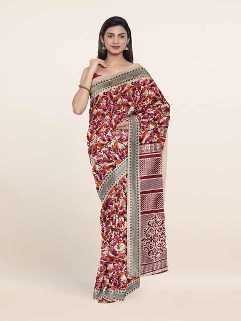 

Pothys Cream-Coloured & Pink Floral Printed Cotton Blend Saree