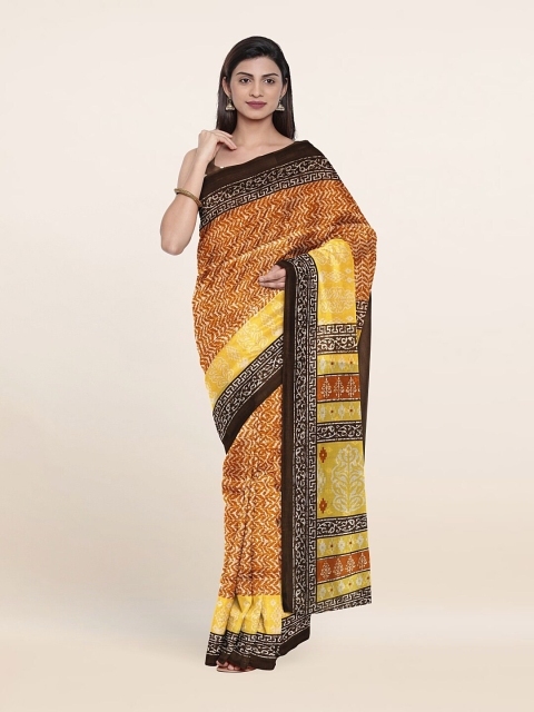 

Pothys Mustard & Black Ethnic Motifs Printed Saree