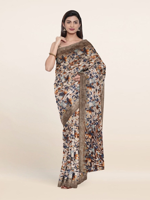 

Pothys Cream-Coloured & Blue Floral Cotton Blend Saree