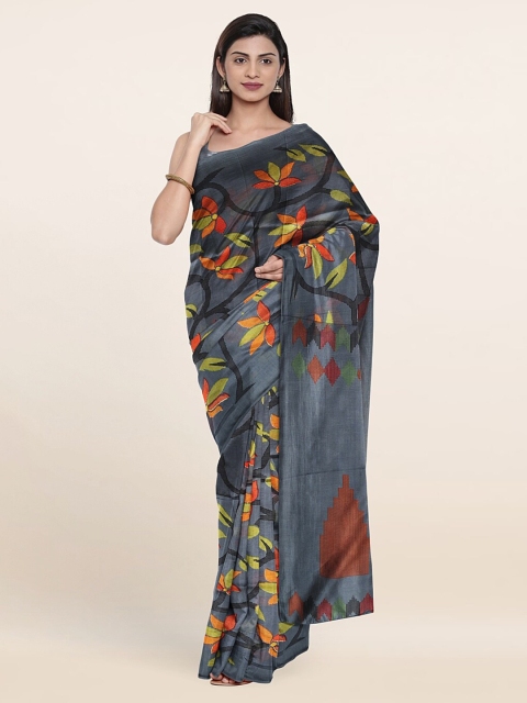 

Pothys Grey & Orange Floral Saree