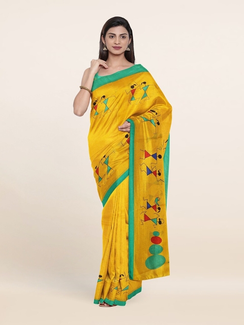 

Pothys Yellow & Green Warli Cotton Blend Saree
