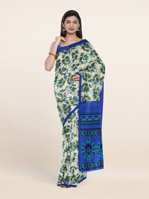 

Pothys Cream-Coloured & Blue Floral Printed Cotton Blend Saree