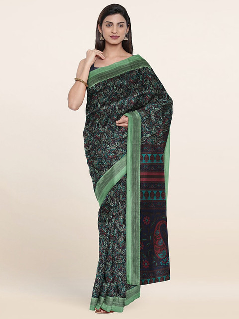 

Pothys Navy Blue & Green Floral Cotton Blend Saree