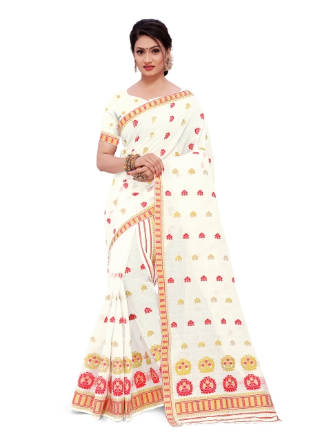 

Skirans White & Red Ethnic Motifs Woven Design Assamese Mekhela Chador Saree