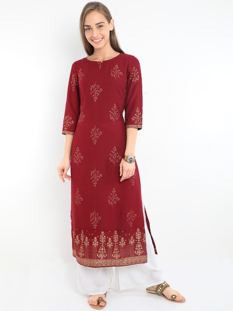 

Marcia Women Maroon & Gold-Toned Floral Printed Kurta
