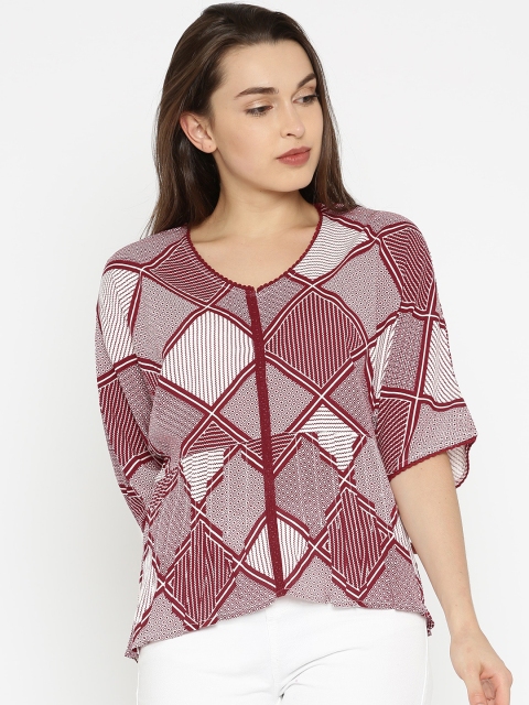 

DressBerry Women Maroon & White Printed High-Low Top