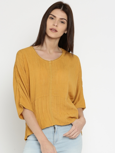  DressBerry Women Mustard Yellow Solid High-Low Top