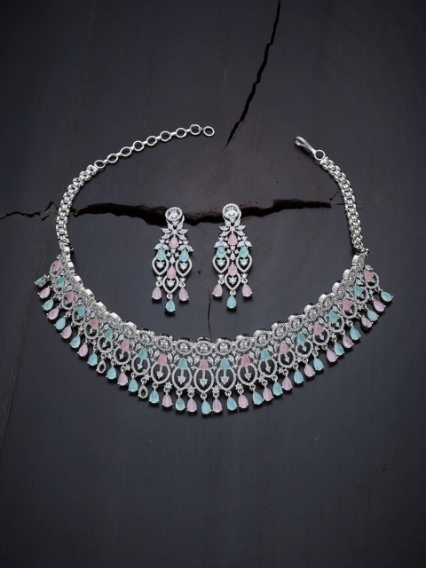 

Kushal's Fashion Jewellery Pink & Sea Green Rhodium-Plated Choker Necklace