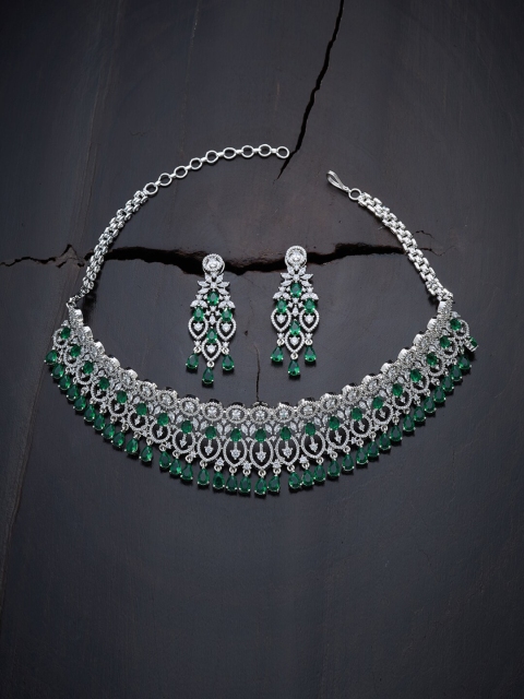 

Kushal's Fashion Jewellery Green & Rhodium-Plated Choker Necklace with Earring