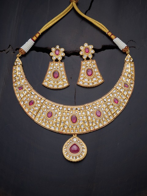

Kushal's Fashion Jewellery Gold-Toned & Burgundy Rhodium-Plated Kundan Jewellery Set