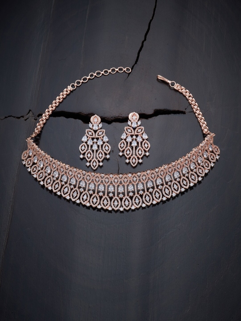 

Kushal's Fashion Jewellery White & Rose Gold-Plated Choker Necklace with Earrings