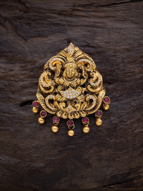 

Kushal's Fashion Jewellery Gold-Plated Pink & White Stone-Studded Temple Pendant