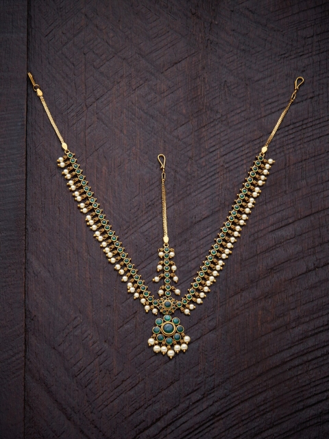 

Kushal's Fashion Jewellery Women Green Stones & Beads Mang Tikka