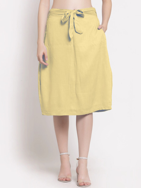 

PATRORNA Women Gold-Coloured Solid Knee-Length A-Line Skirts