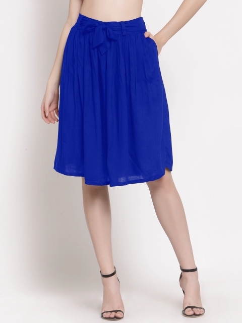 

PATRORNA Women Blue Solid Pleated Knee-Length Skirt