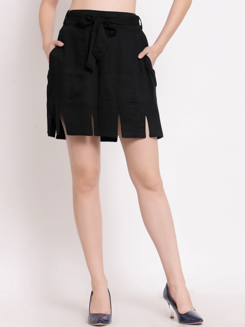 

PATRORNA Women Black Solid Straight Above Knee-Length Skirt