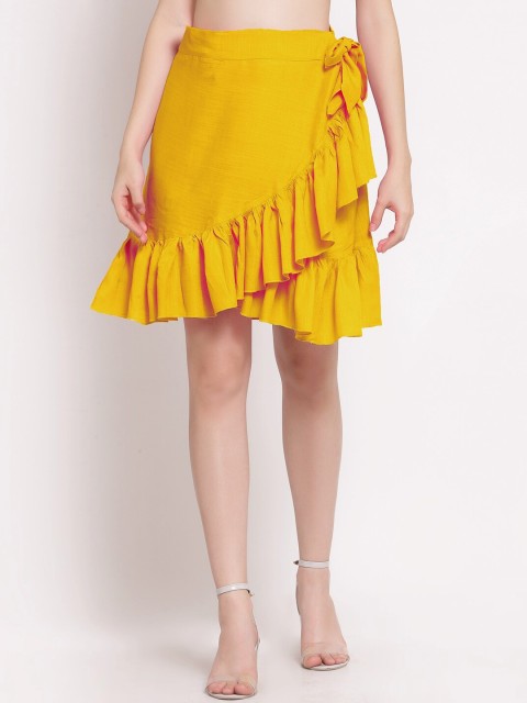 

PATRORNA Women Mustard Frilled Wrap Skirts