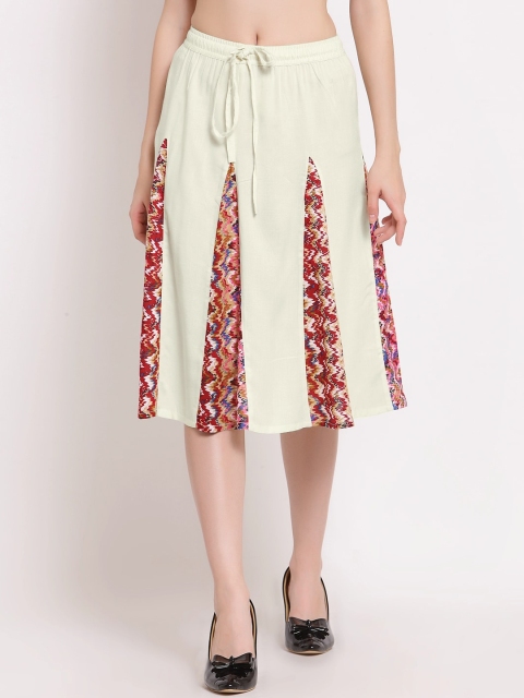 

PATRORNA Women Off-White & Pink Printed Flared Knee-Length Skirt