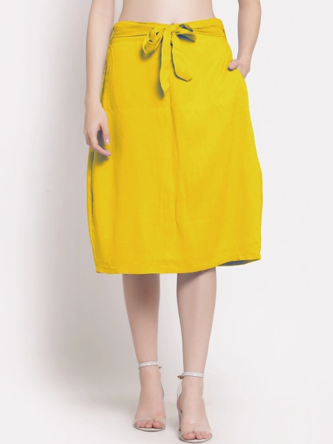 

PATRORNA Women Mustard-Yellow Solid Straight Knee-Length Skirt