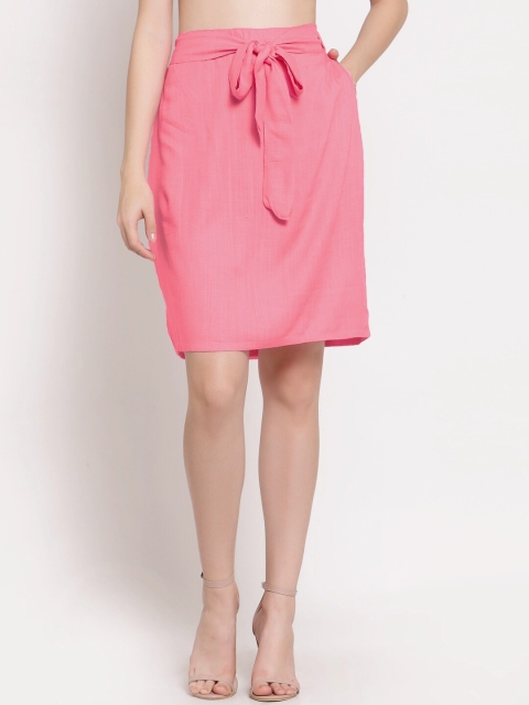

PATRORNA Plus Size Women Rose Pink Solid Above Knee Length Straight Skirts