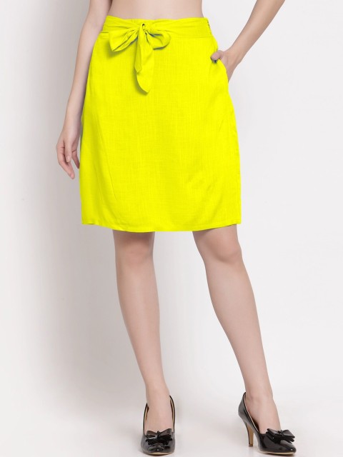 

PATRORNA Women Yellow Solid Straight Above Knee-Length Skirt