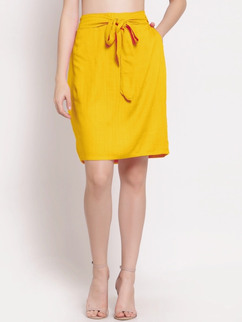 

PATRORNA Women Mustard-Yellow Solid Above Knee-Length Straight Skirt