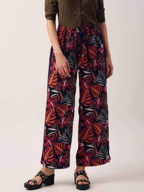 

DressBerry Women Navy & Orange Regular Fit Printed Parallel Trousers, Navy blue