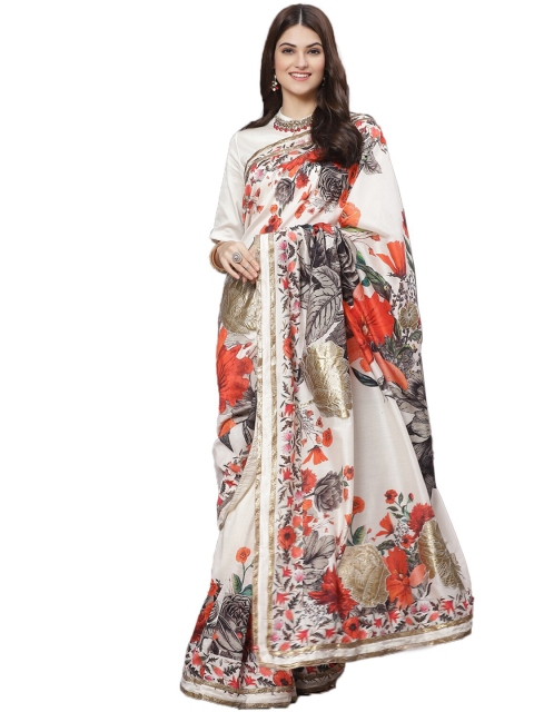 

Biba by Rohit Bal Off White & Orange Set of 2 Floral Printed Silk Blend Chanderi Saree