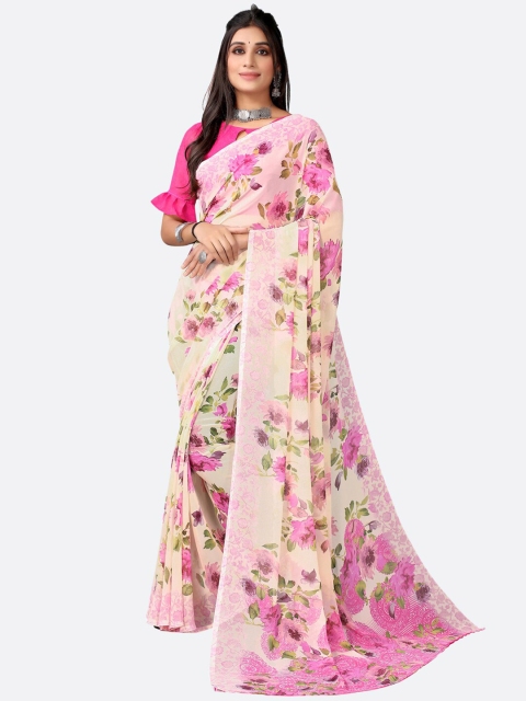 

KALINI Cream-Coloured & Pink Floral Printed Saree