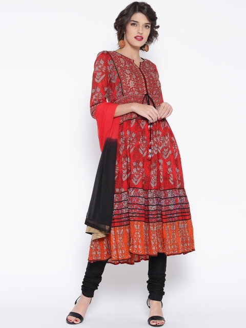 

Rain & Rainbow Red & Black Printed Anarkali Churidar Kurta with Dupatta