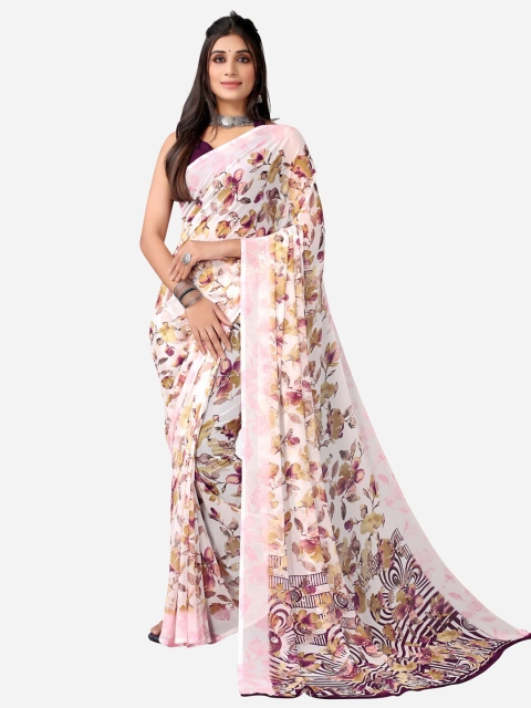 

KALINI Off White & Pink Floral Poly Georgette Saree