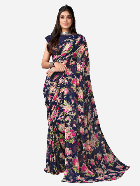 

KALINI Navy Blue & Magenta Floral Printed Saree