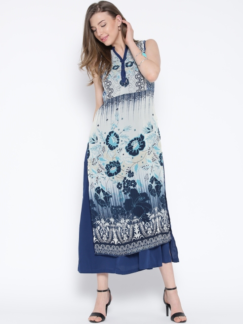 

Rain & Rainbow Women Blue Printed Layered Midi A-Line Dress