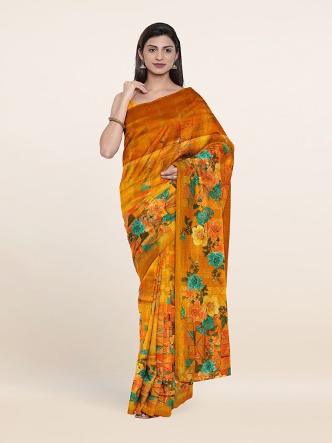 

Pothys Mustard & Green Floral Cotton Blend Saree