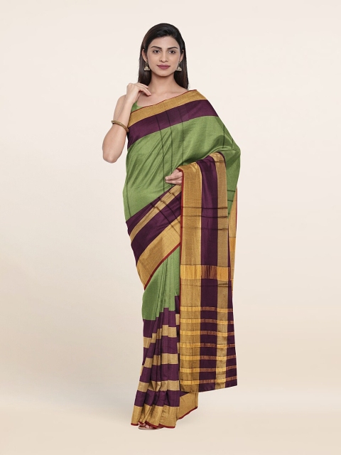 

Pothys Olive Green & Purple Striped Zari Cotton Blend Saree