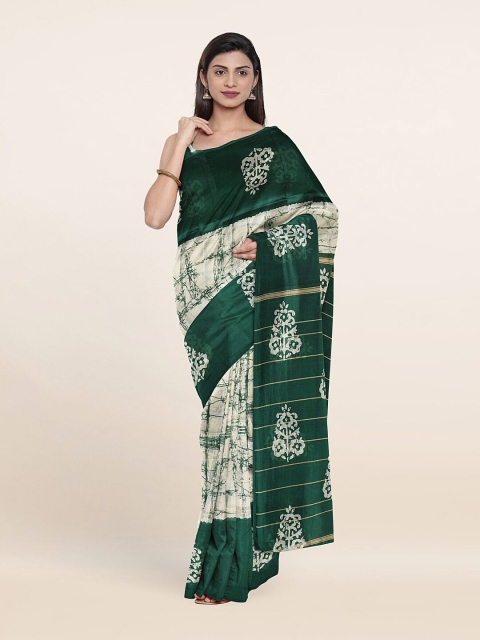 

Pothys Cream-Coloured & Green Ethnic Motifs Cotton Blend Saree