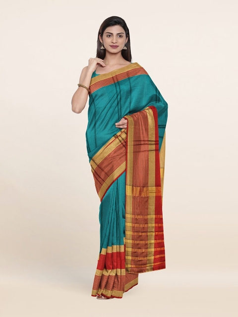 

Pothys Teal Blue & Red Striped Cotton Blend Saree