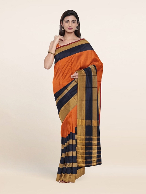 

Pothys Orange & Navy Blue Striped Cotton Blend Saree