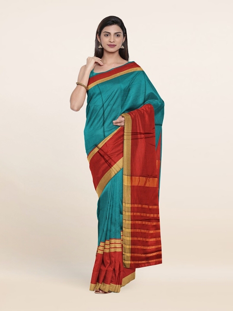 

Pothys Teal & Red Striped Zari Saree